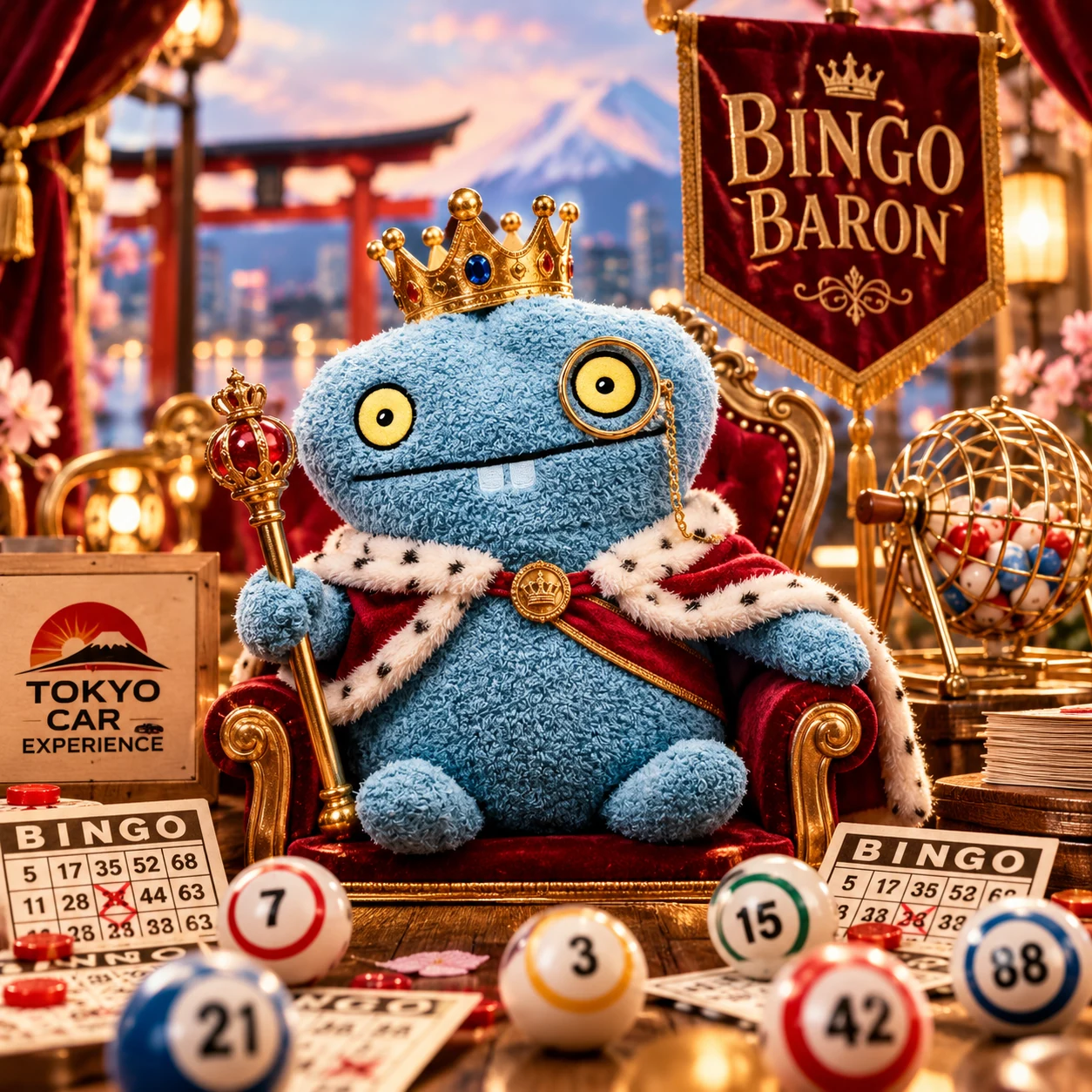 Manni als Bingo-Baron mit Monokel, goldener Krone und Zepter auf seinem Thron